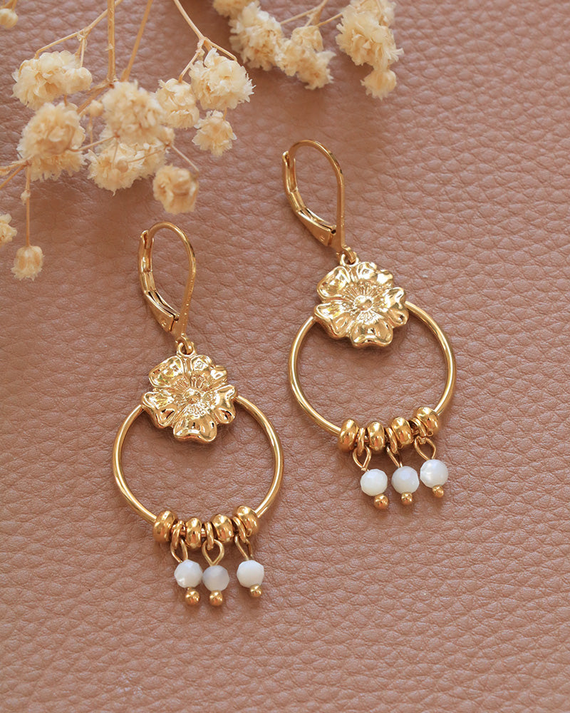 Boucle Pendantes Pierres Eclosion Nacre Blanc - Artisanat Bordeaux