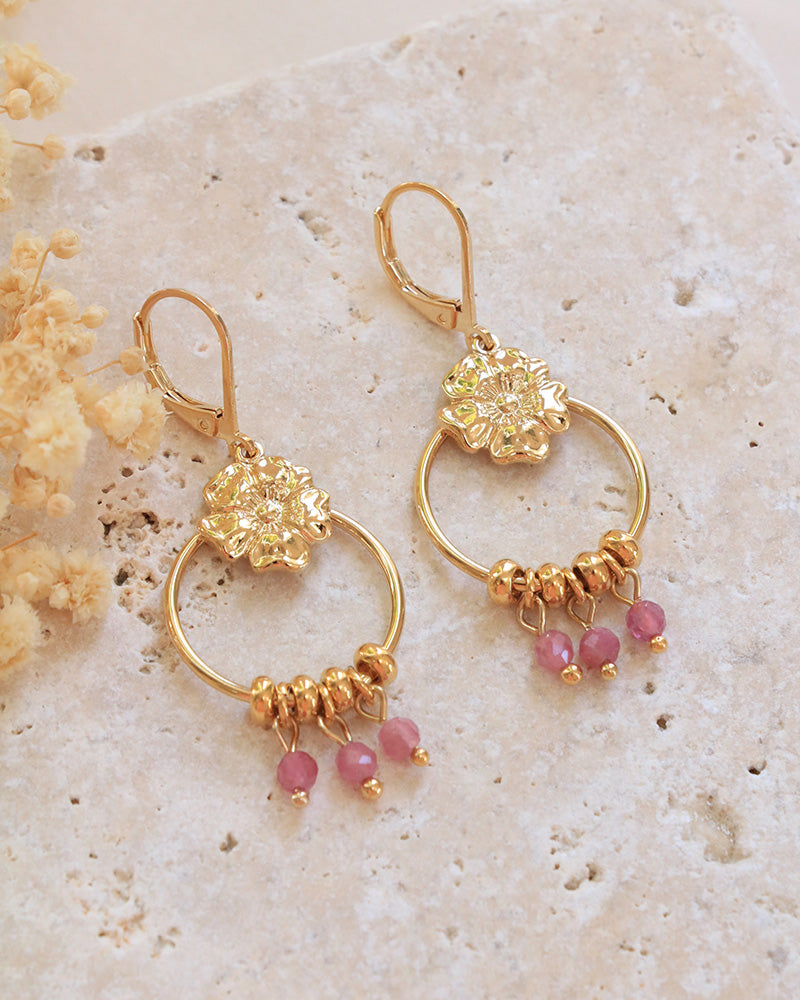 Boucle Pendantes Pierres Eclosion Rhodonite - Artisanat Bordeaux