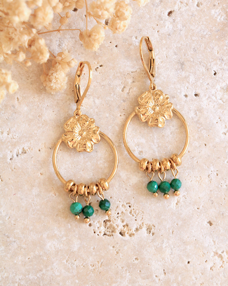 Boucle Pendantes Pierres Eclosion Malachite - Artisanat Bordeaux